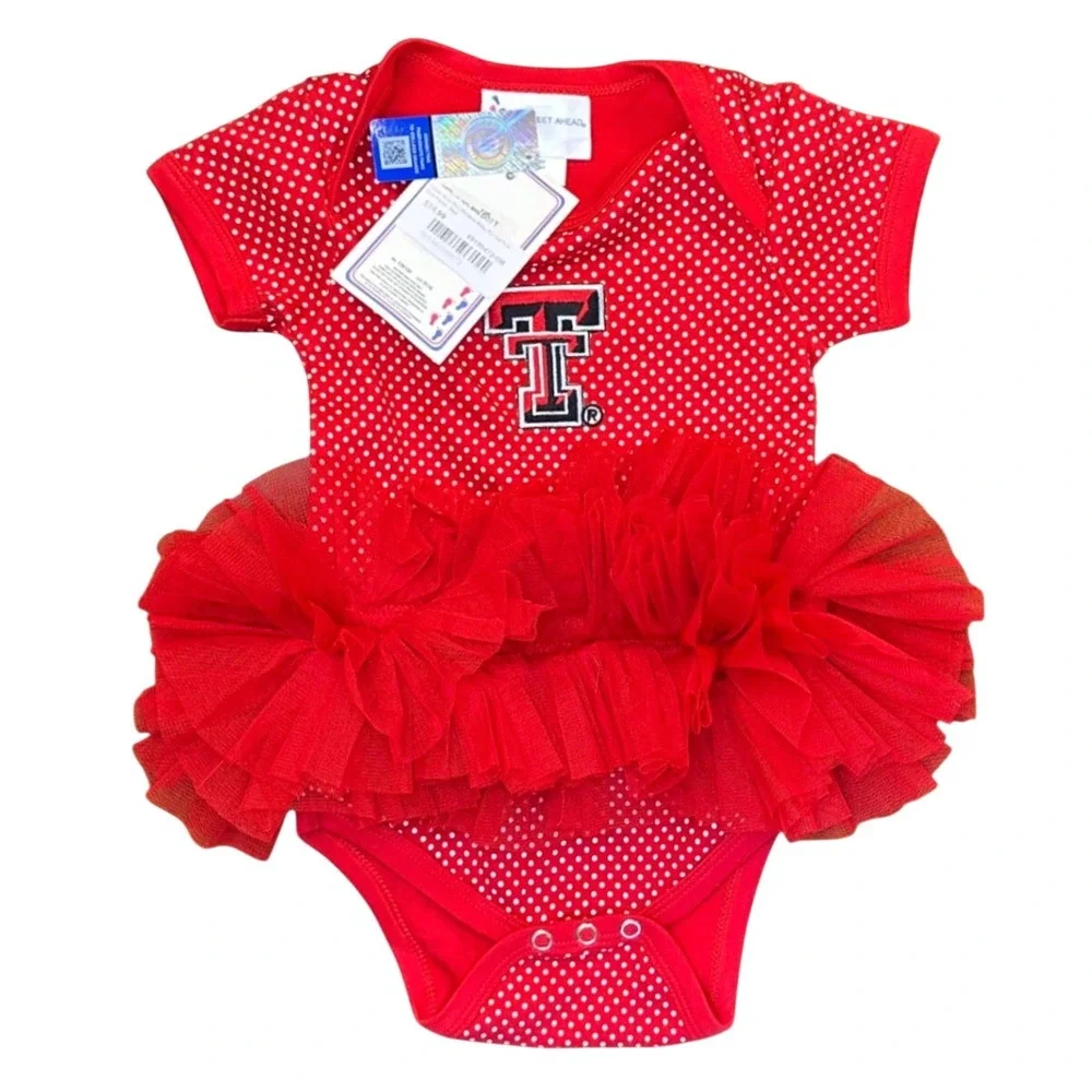 NWT Two Feet Ahead Texas Tech Red Raiders Baby Pin Dot Tutu One Piece Red 6M